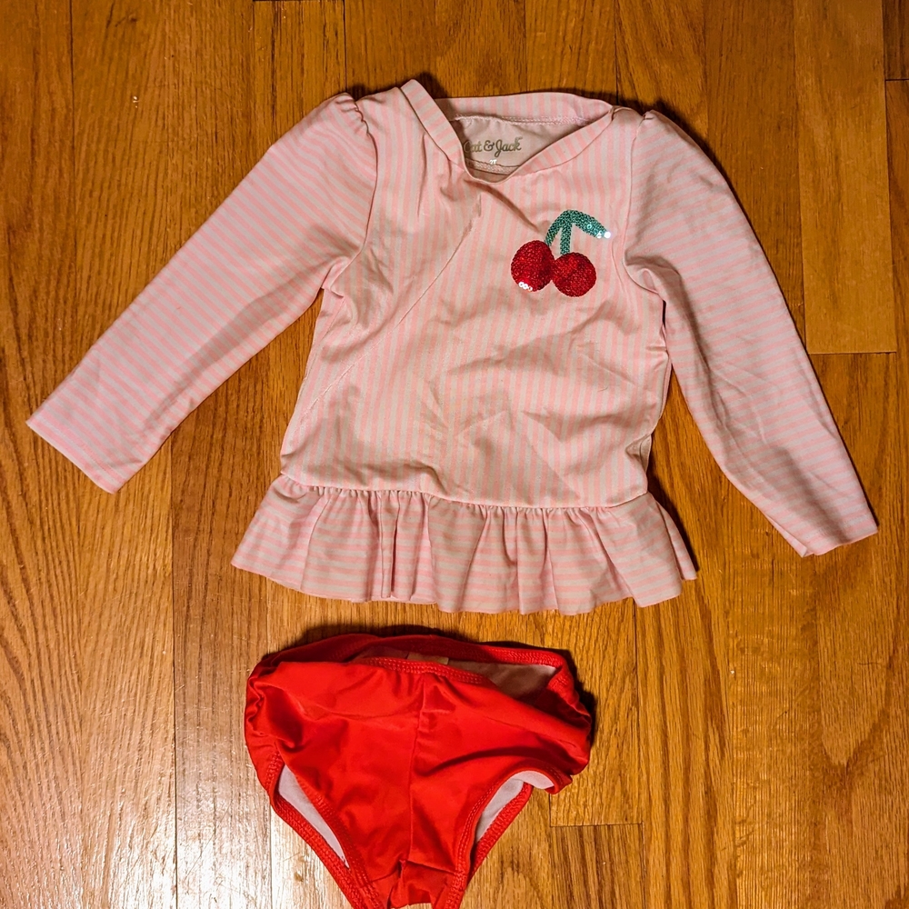 Cat & Jack Pink Striped Swimsuit with Cherry Design